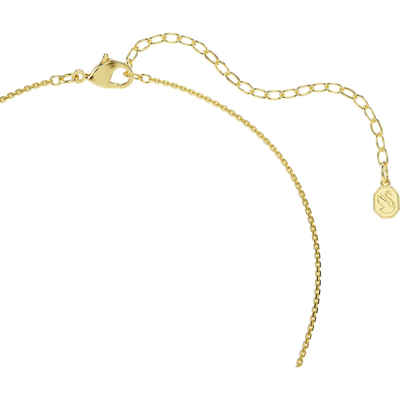 Rückseite einer goldenen Swarovski Metall Halskette mit Karabinerverschluss und Verlängerung mit Swarovski Logo.