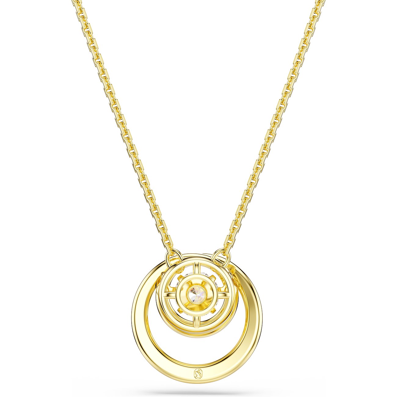 Swarovski Halskette aus goldfarbenem Metall mit rundem Anhänger und Farbedelstein in der Mitte.