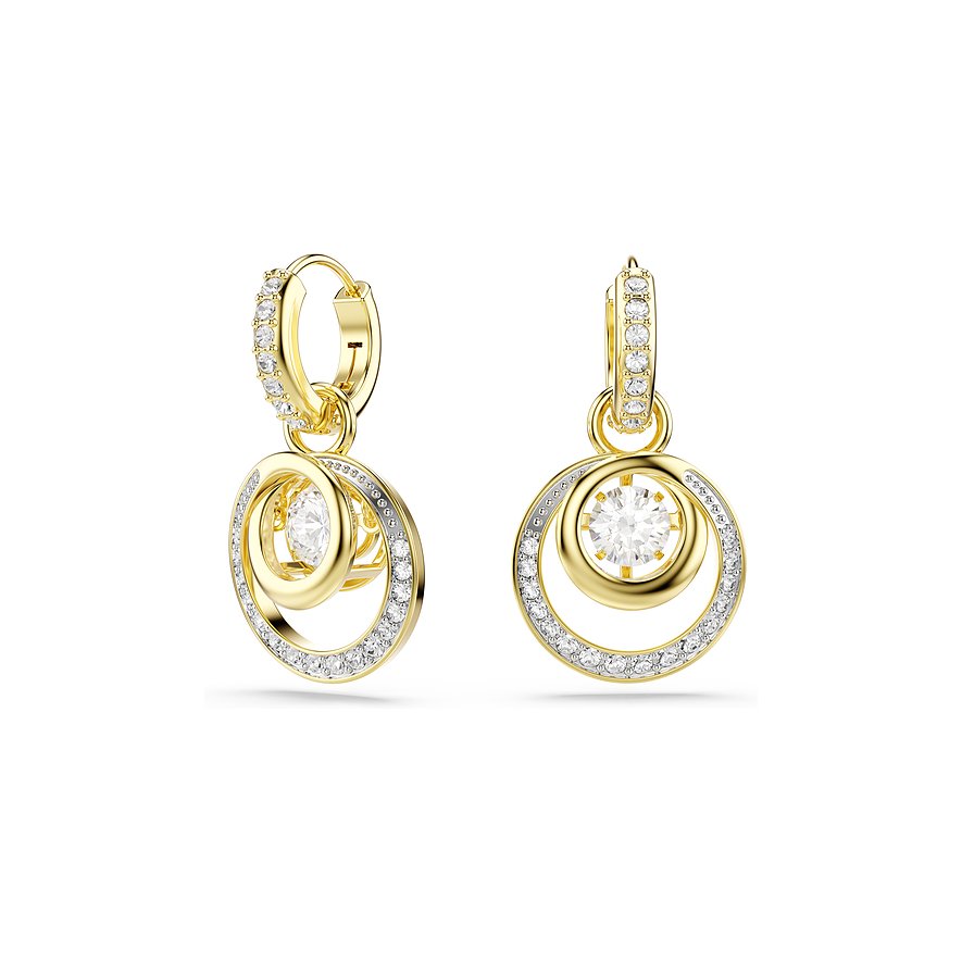 Ein Paar goldfarbener Swarovski Ohrhänger aus Metall mit funkelnden Swarovski Kristallen.