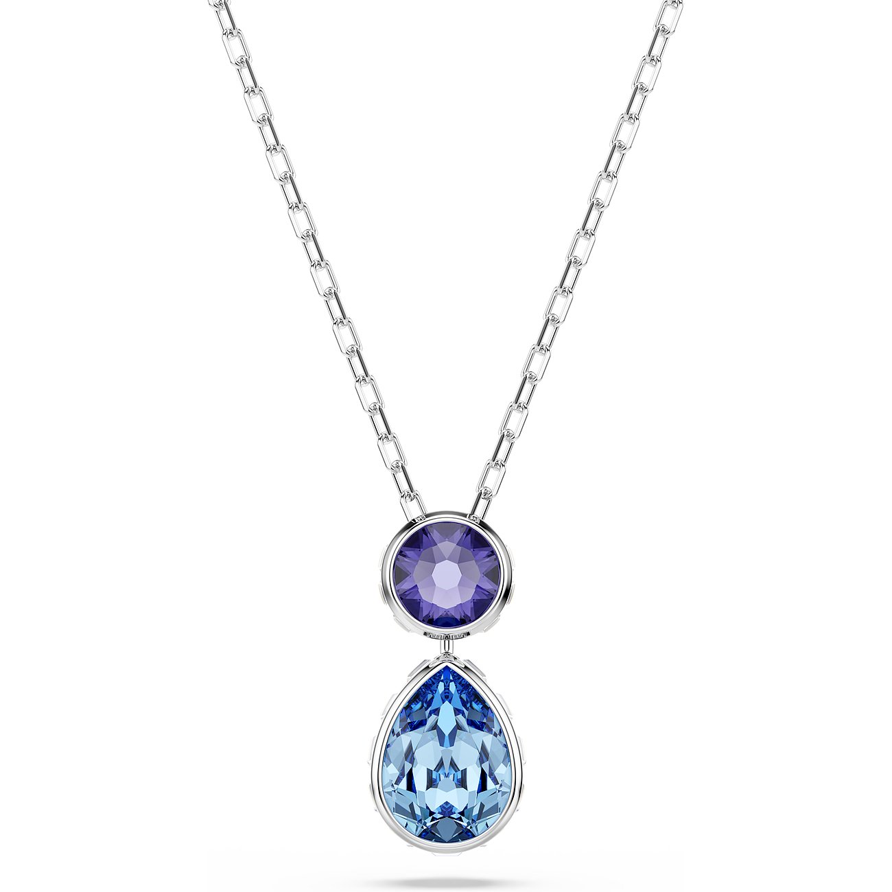 Swarovski Halskette aus Metall mit rundem violetten Swarovski-Kristall und tropfenförmigem blauen Swarovski-Kristall.