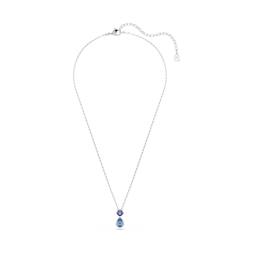 Eine Swarovski Halskette aus Metall mit einem runden violetten Farbedelstein und einem tropfenförmigen blauen Farbedelstein.