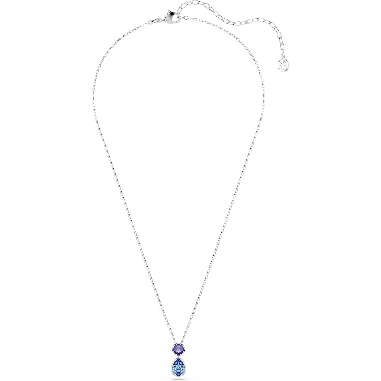 Eine Swarovski Halskette aus Metall mit einem runden violetten Farbedelstein und einem tropfenförmigen blauen Farbedelstein.