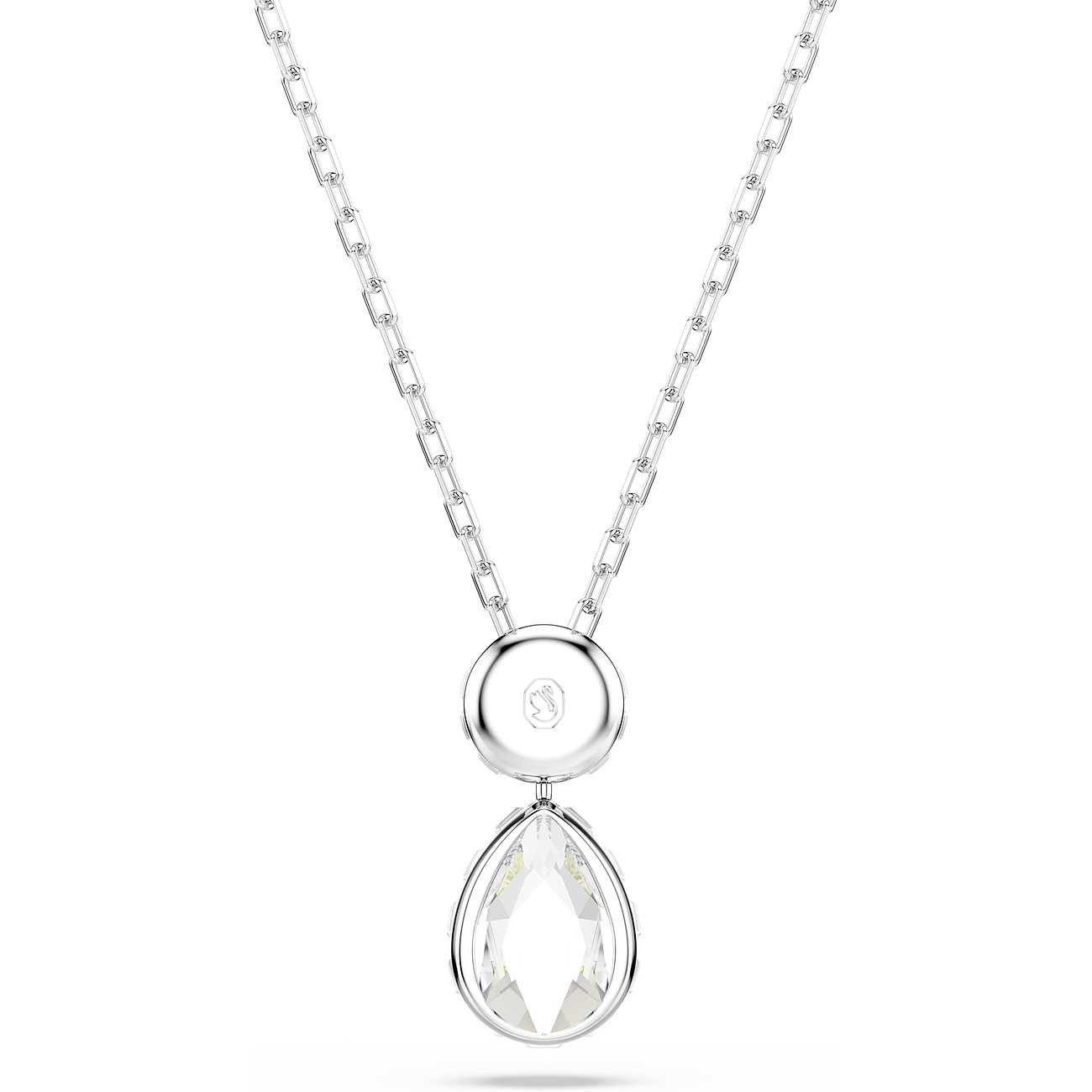 Swarovski Halskette aus Metall mit einer eckigen Gliederkette und einem großen, birnenförmigen Swarovski-Kristall.