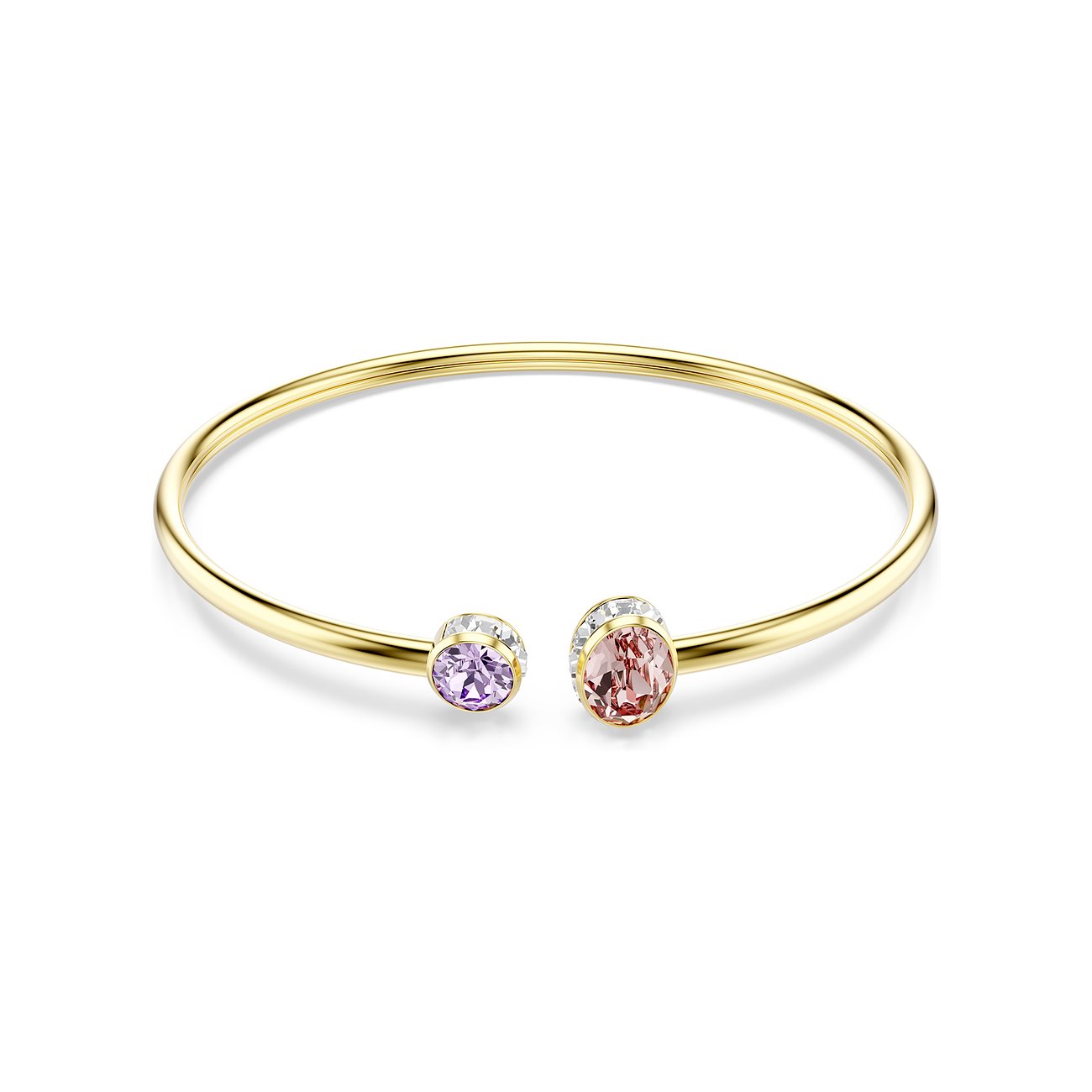 Een open, goudkleurige Swarovski metalen jasseron met een paarse en een roze Swarovski kristal.