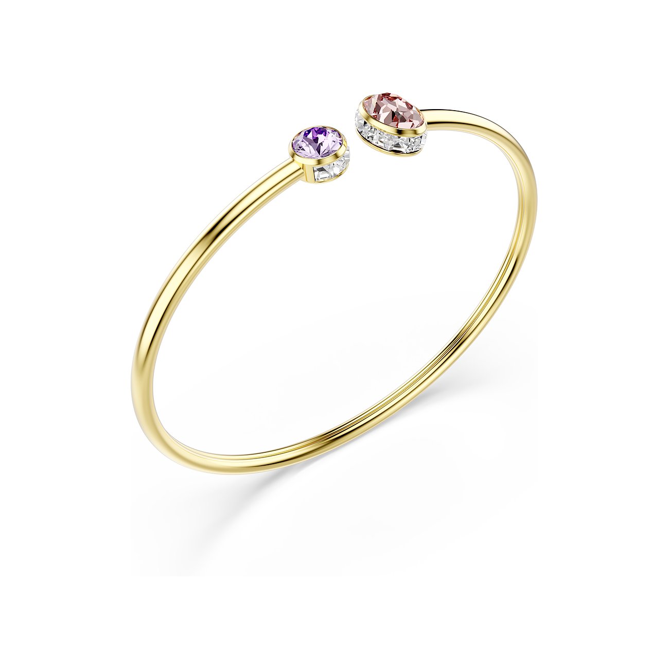 Swarovski-armband: goudkleurig, open, met rond violet en ovaal roze Swarovski-kristal.