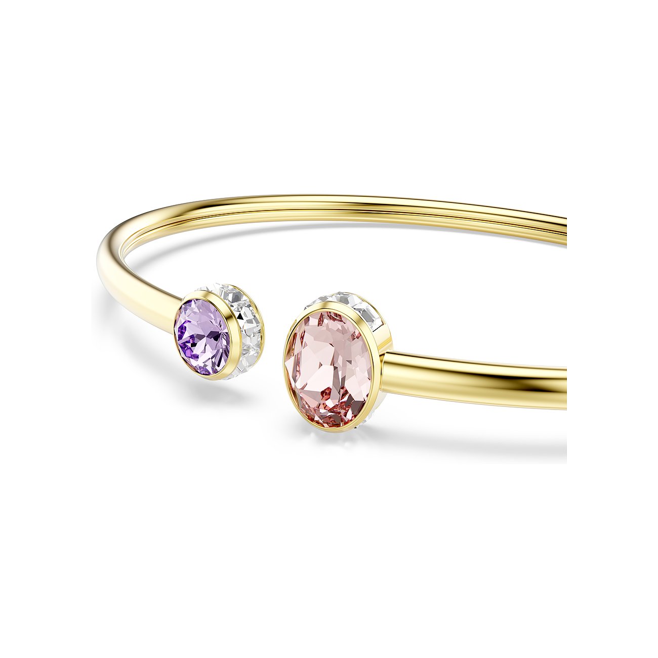 Swarovski armband in goudkleurig metaal met een paars en een roze Swarovski kristal aan de uiteinden.