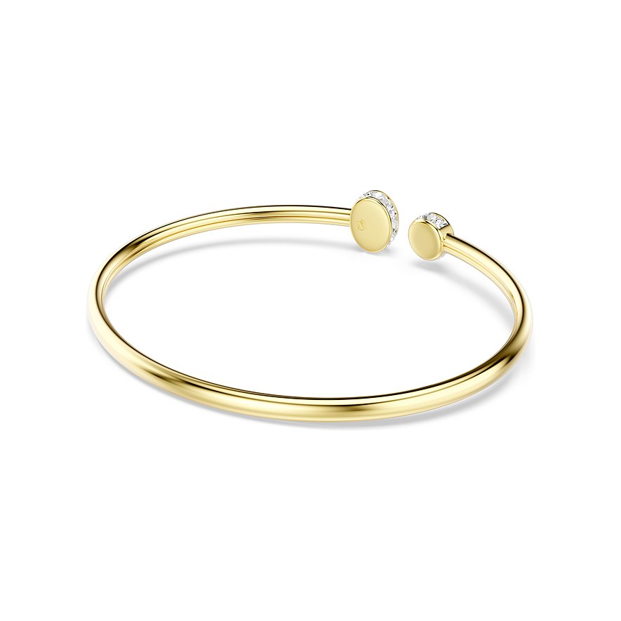 Een gouden metalen armband van Swarovski. De uiteinden zijn voorzien van twee gouden schijven met glinsterende kristallen.