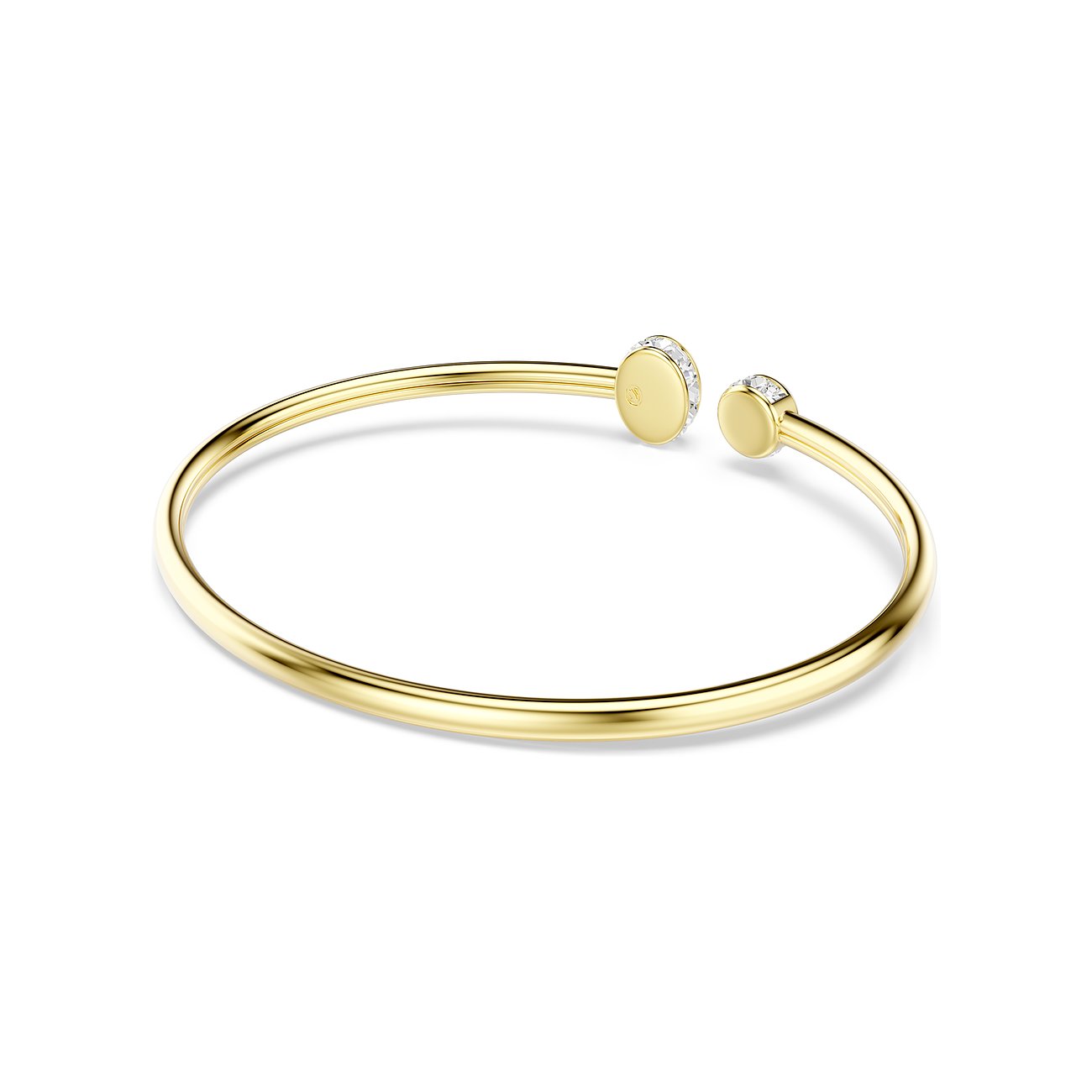 Een gouden metalen armband van Swarovski. De uiteinden zijn voorzien van twee gouden schijven met glinsterende kristallen.