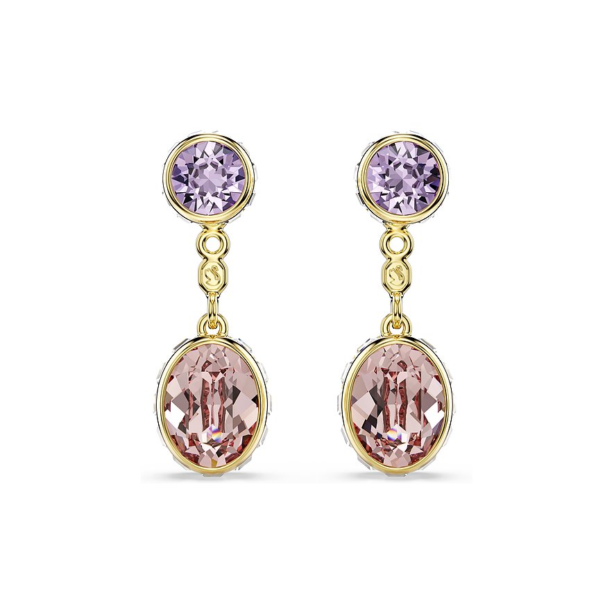 Twee goudkleurige Swarovski metalen oorbellen met ronde paarse en ovale roze Swarovski kristallen.