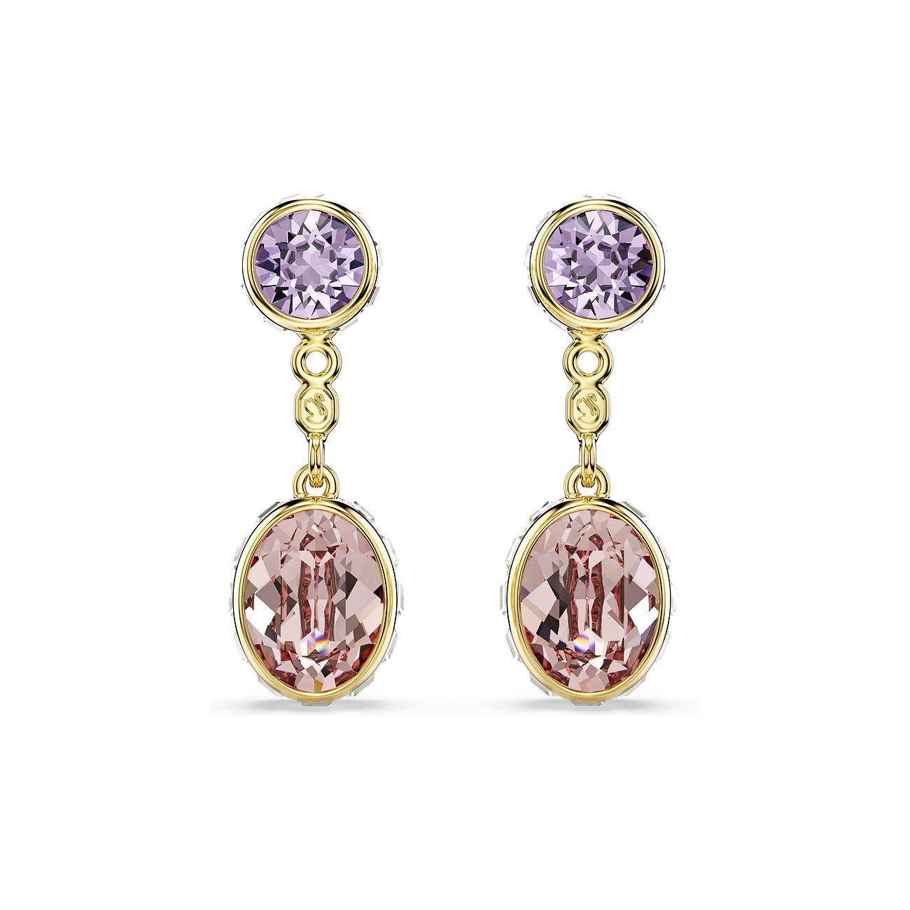 Twee goudkleurige Swarovski metalen oorbellen met ronde paarse en ovale roze Swarovski kristallen.