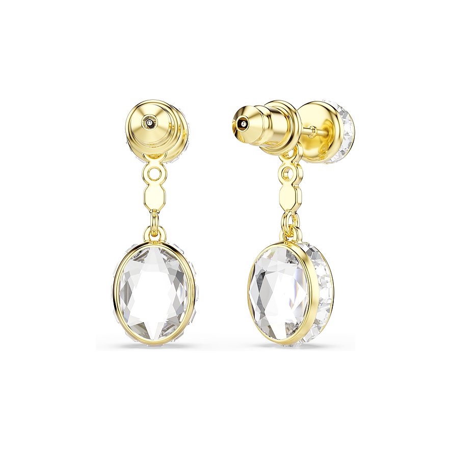 Goudkleurige Swarovski metalen oorbellen met hangende, gefacetteerde ovale Swarovski kristallen, vooraanzicht.