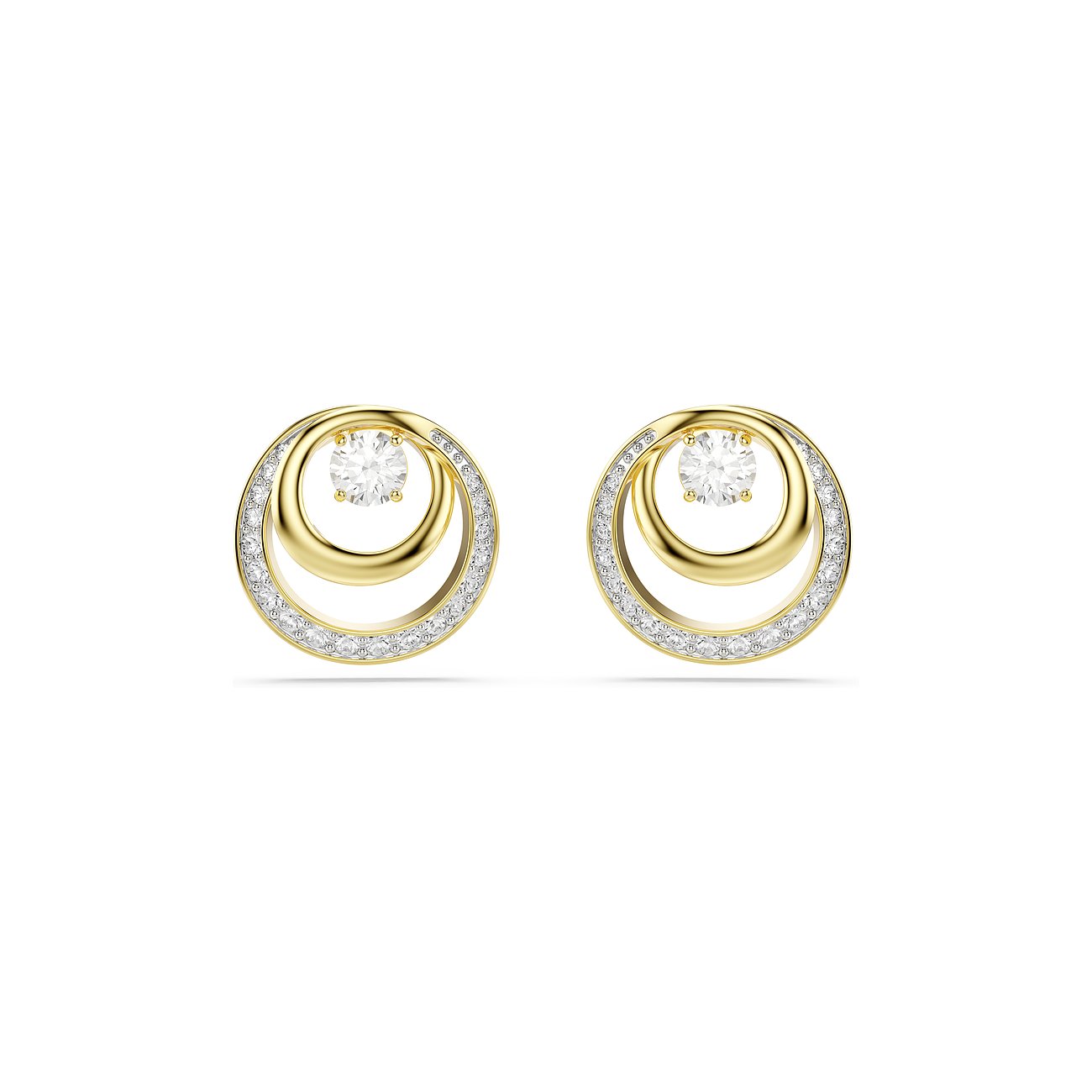 Ein Paar goldene Swarovski Ohrstecker aus Metall mit doppelten Kreisen und weißen Swarovski-Kristallen.