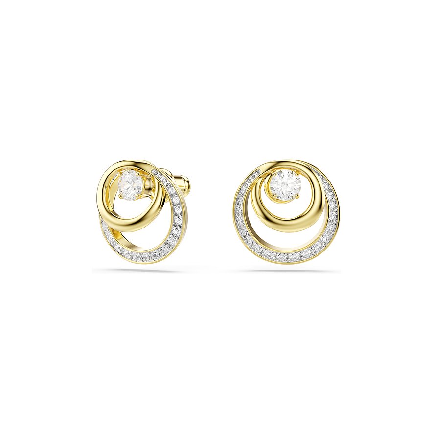 Zwei goldfarbene Swarovski Ohrstecker: ineinander verschlungene Kreise mit funkelnden Kristallen und zentralem Farbstein.