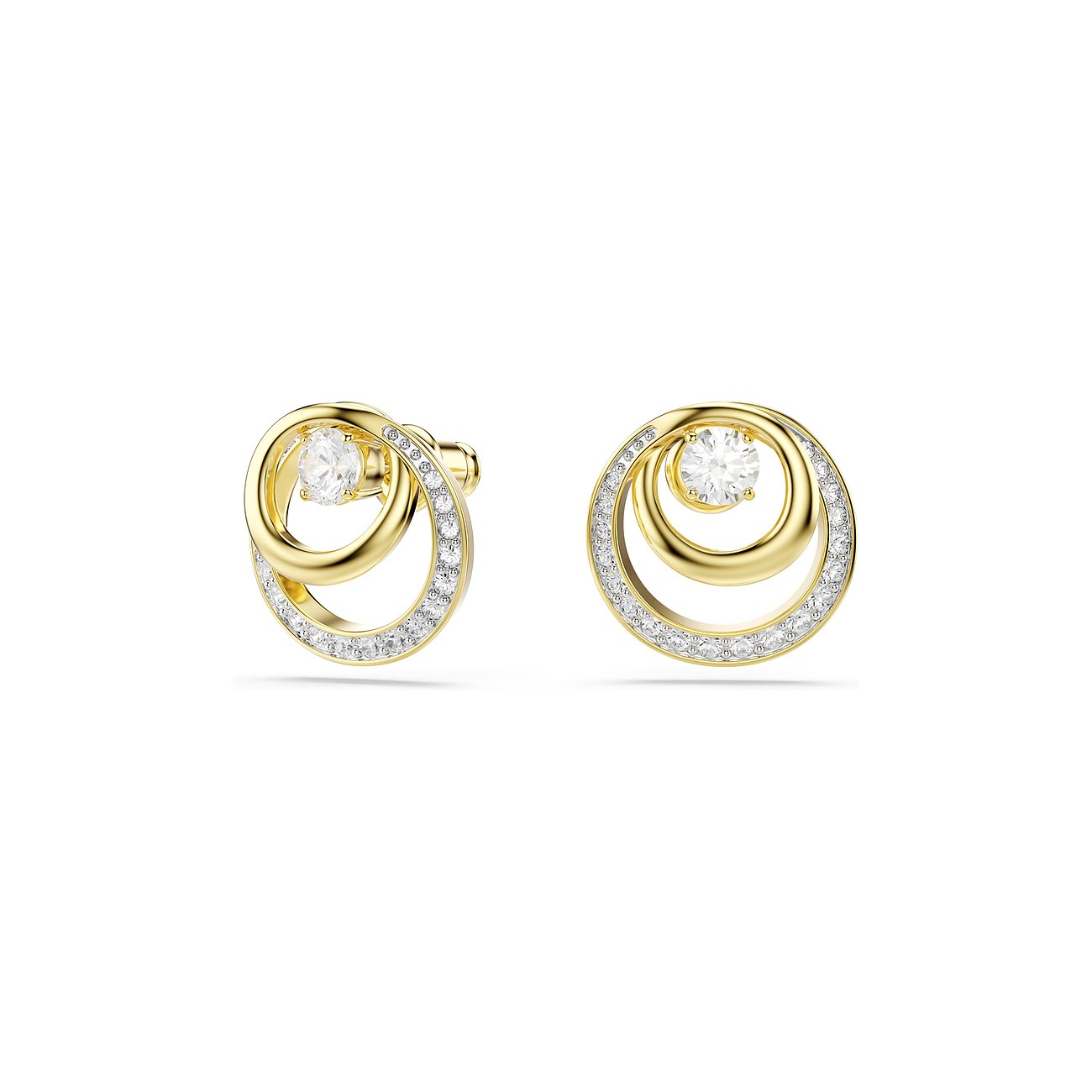 Zwei goldfarbene Swarovski Ohrstecker: ineinander verschlungene Kreise mit funkelnden Kristallen und zentralem Farbstein.