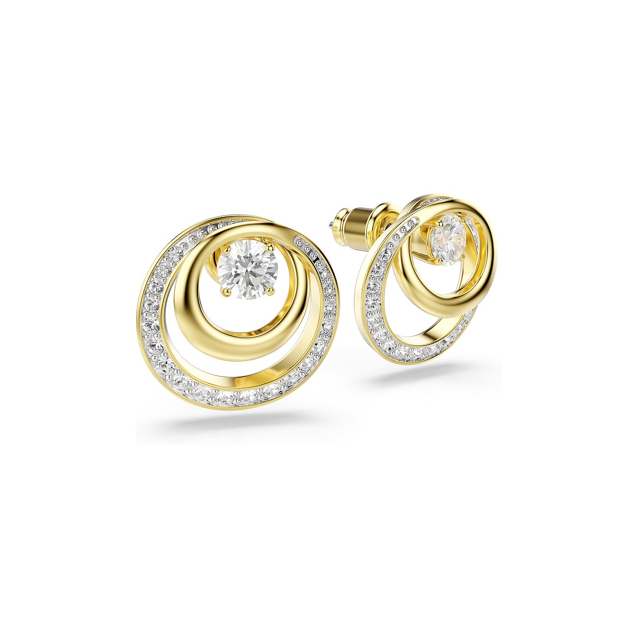 Swarovski Ohrstecker, goldfarben, Metall, Doppelringdesign, besetzt mit funkelnden Swarovski-Kristallen.