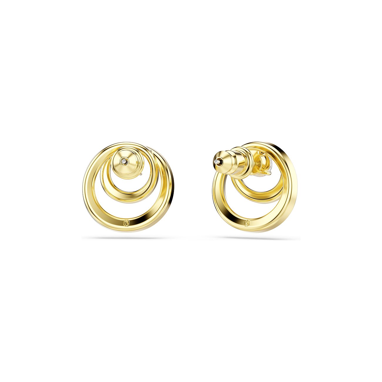 Zwei goldfarbene Swarovski Ohrstecker mit drei ineinander verschlungenen Ringen und einem klaren Kristall in der Mitte.