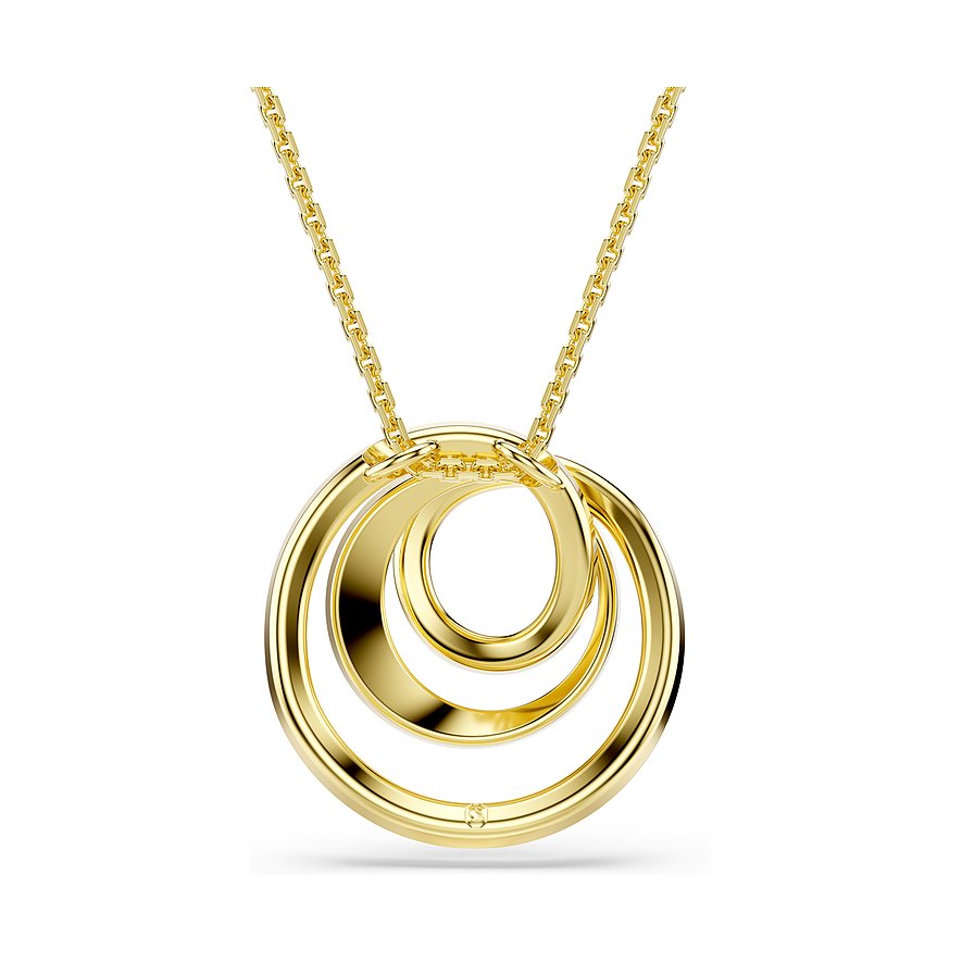 Swarovski Halskette aus goldfarbenem Metall mit drei ineinander verschlungenen ovalen Ringen als Anhänger.