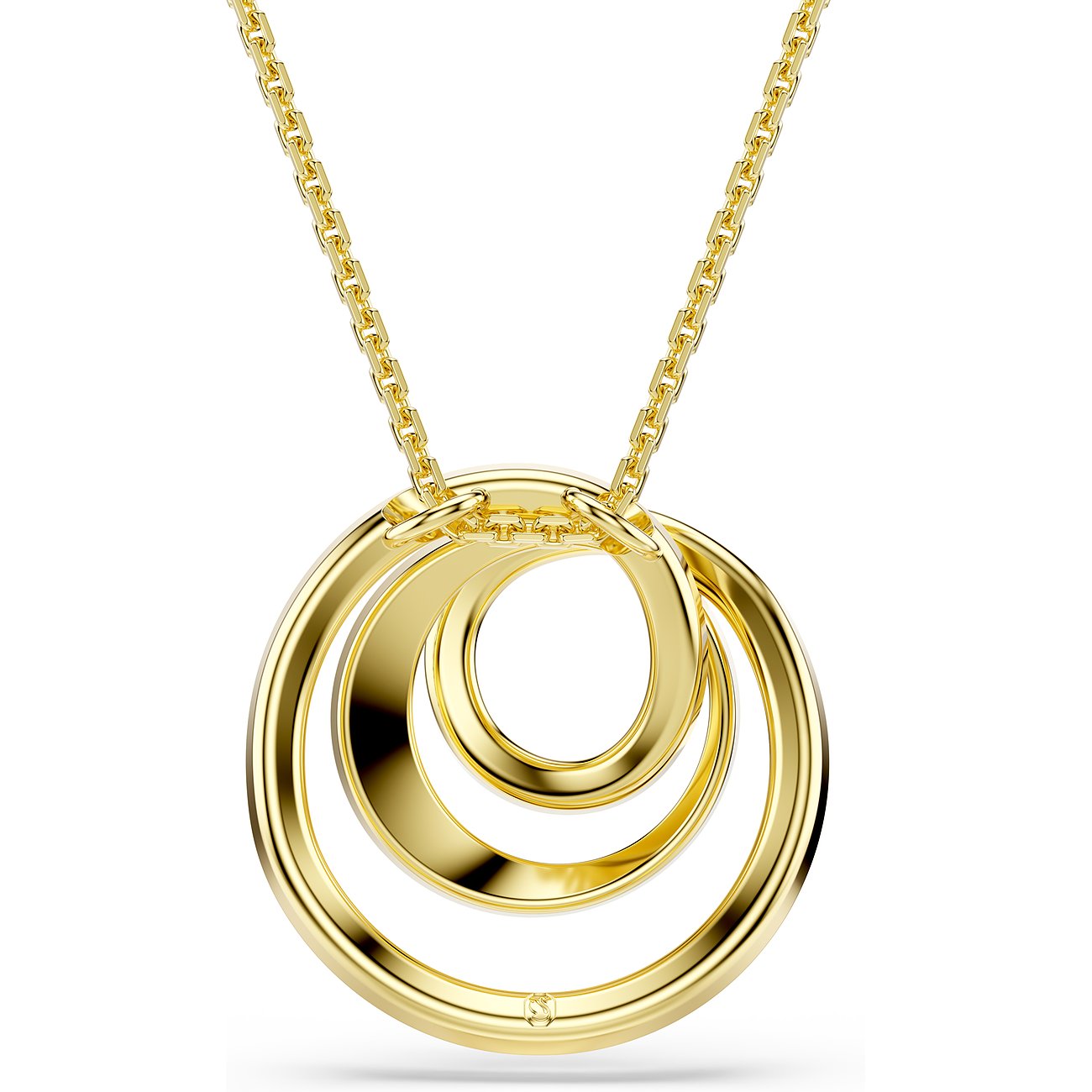 Swarovski Halskette aus goldfarbenem Metall mit drei ineinander verschlungenen ovalen Ringen als Anhänger.