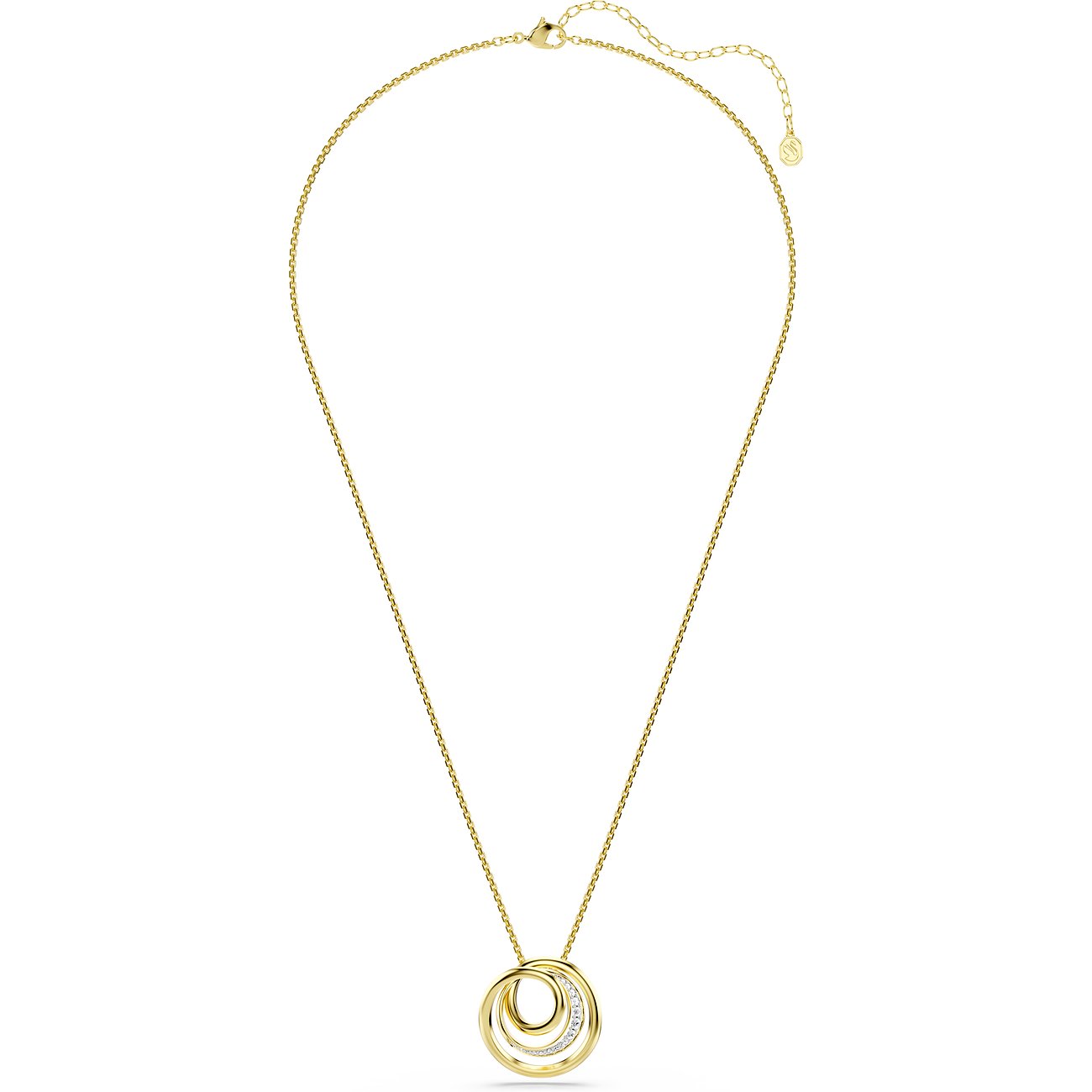 Swarovski Halskette, goldfarbenes Metall, drei ineinandergreifende Ringe, der größte mit Swarovski-Kristallen besetzt.