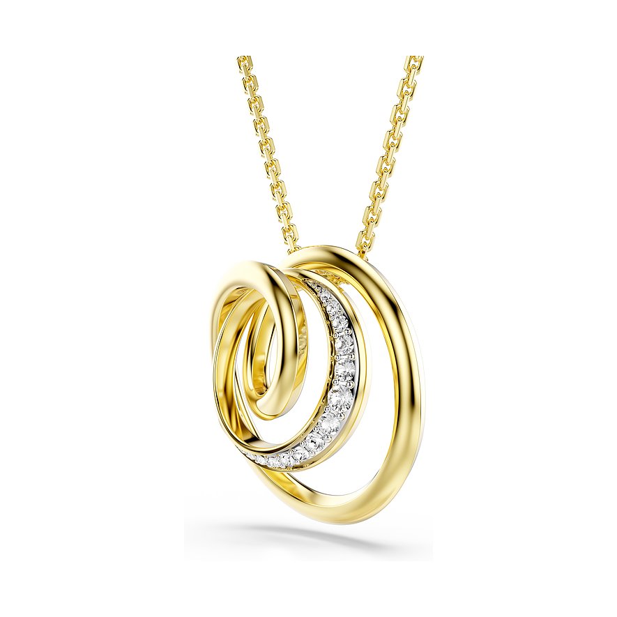 Swarovski Halskette, goldfarbenes Metall, ineinander verschlungene Ringe, einer davon mit klaren Farbkristallen.