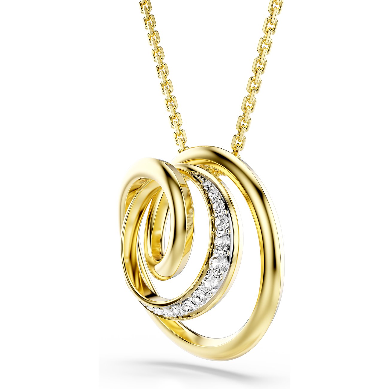 Swarovski Halskette, goldfarbenes Metall, ineinander verschlungene Ringe, einer davon mit klaren Farbkristallen.