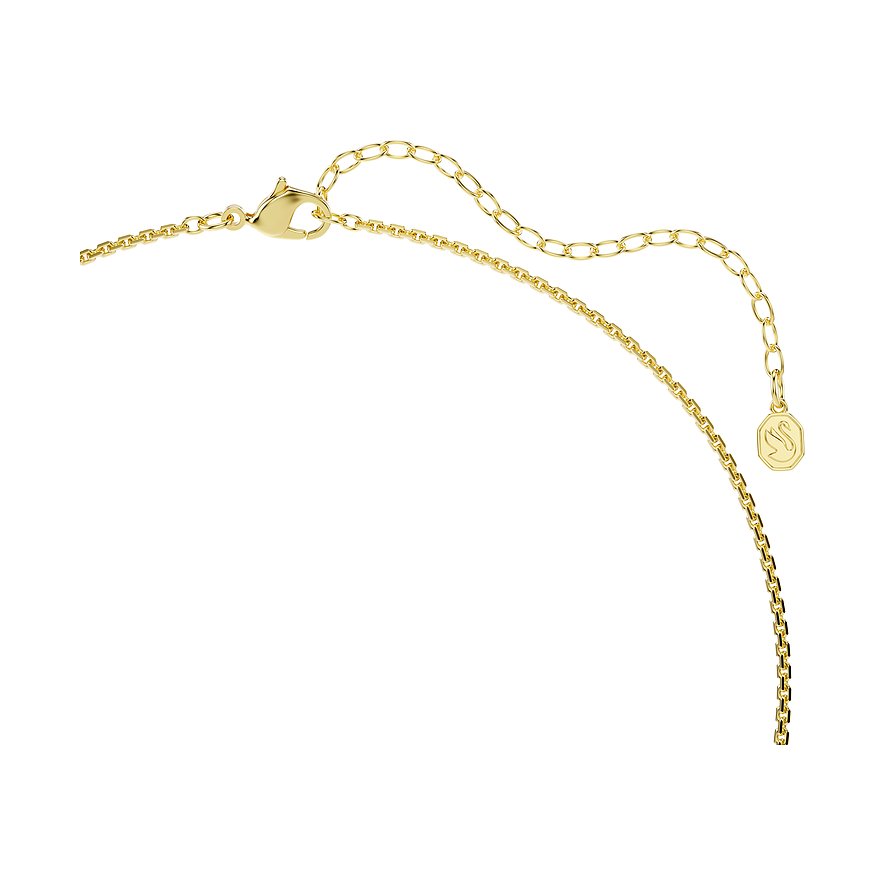 Nahaufnahme der Rückseite einer Swarovski Halskette aus goldfarbenem Metall mit Verlängerung und Schwanenlogo.