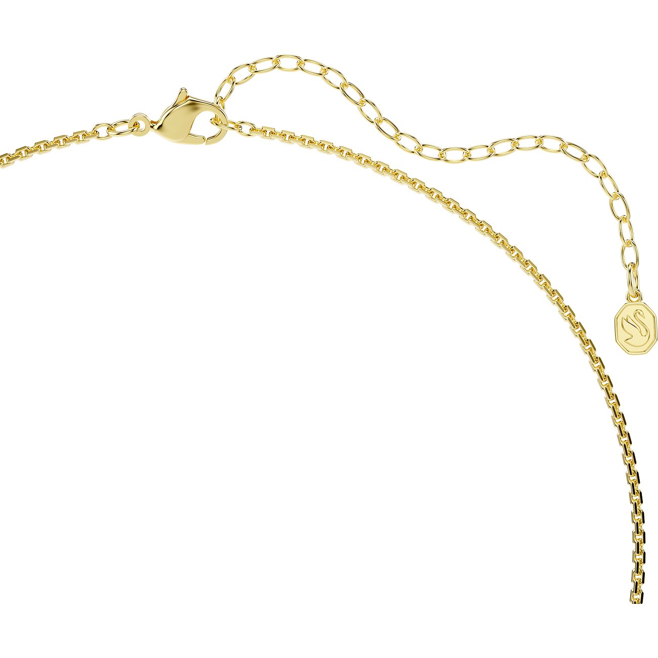 Nahaufnahme der Rückseite einer Swarovski Halskette aus goldfarbenem Metall mit Verlängerung und Schwanenlogo.