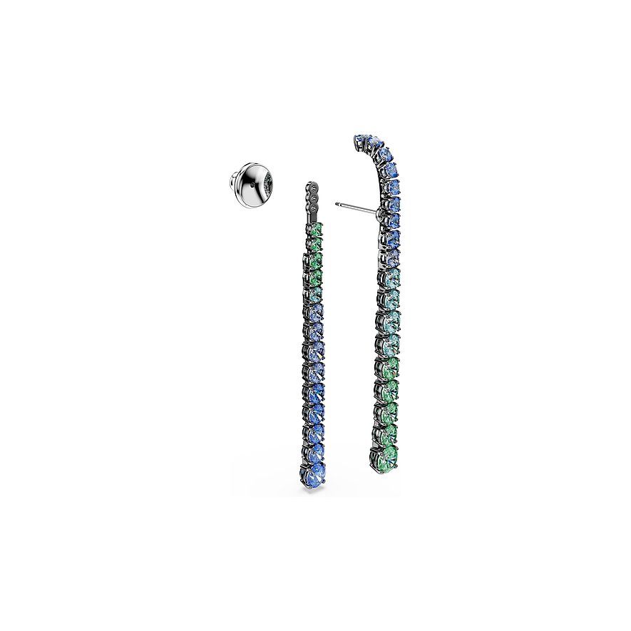 Swarovski oorbellen van metaal met kleurrijke edelstenen, aflopend van blauw naar groen.