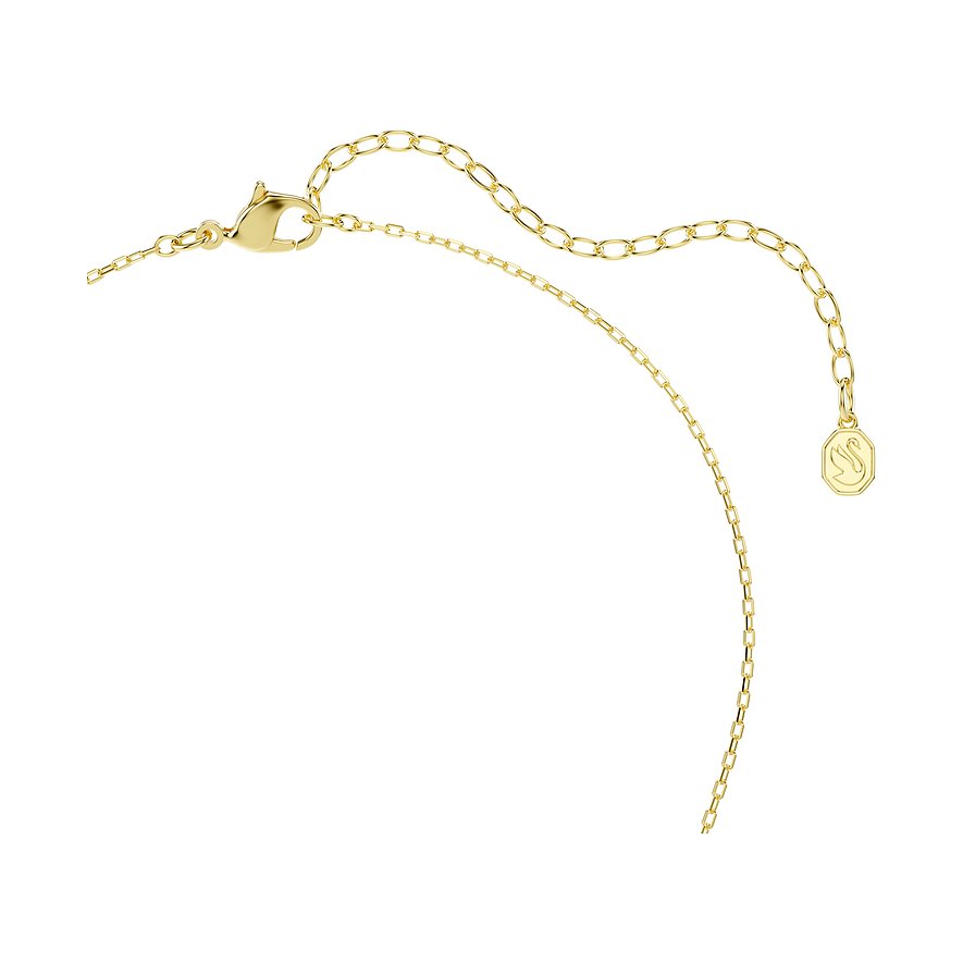 Der Verschluss und die Verlängerungskette einer Swarovski Halskette aus goldfarbenem Metall.