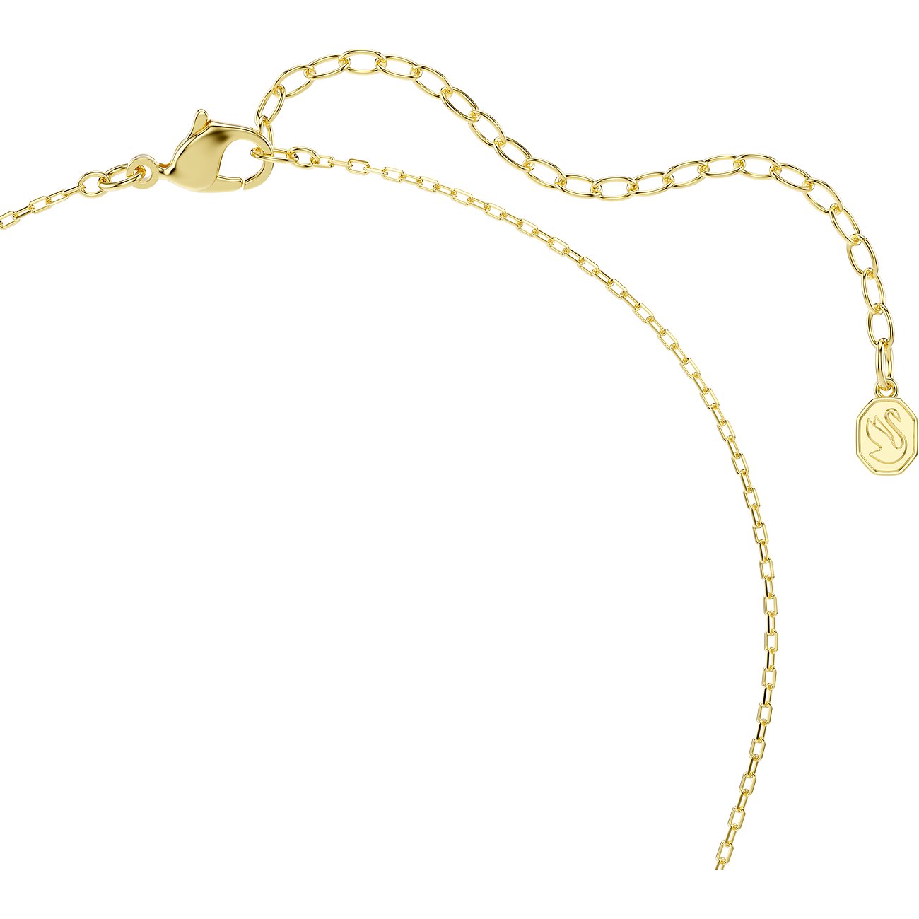 Der Verschluss und die Verlängerungskette einer Swarovski Halskette aus goldfarbenem Metall.