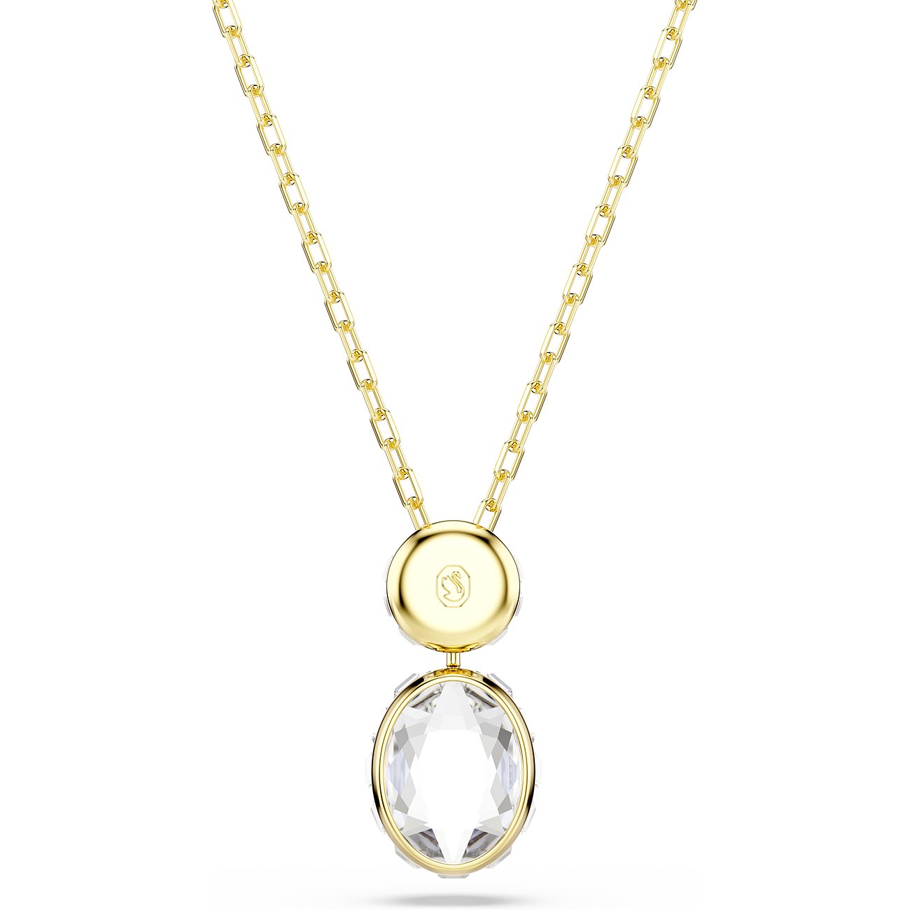 Swarovski Halsschmuck aus goldfarbenem Metall mit ovalem, klaren Swarovski Kristall als Anhänger.