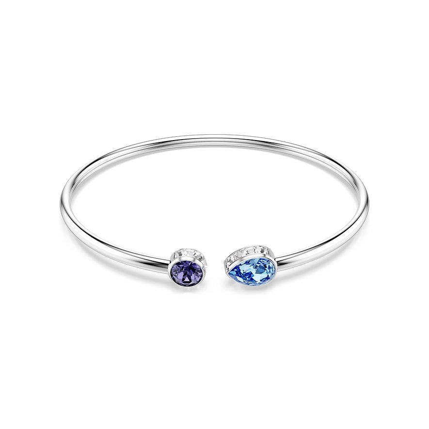 Swarovski Armreif aus Metall mit einem lilafarbenen runden und einem blauen tropfenförmigen Swarovski-Kristall.