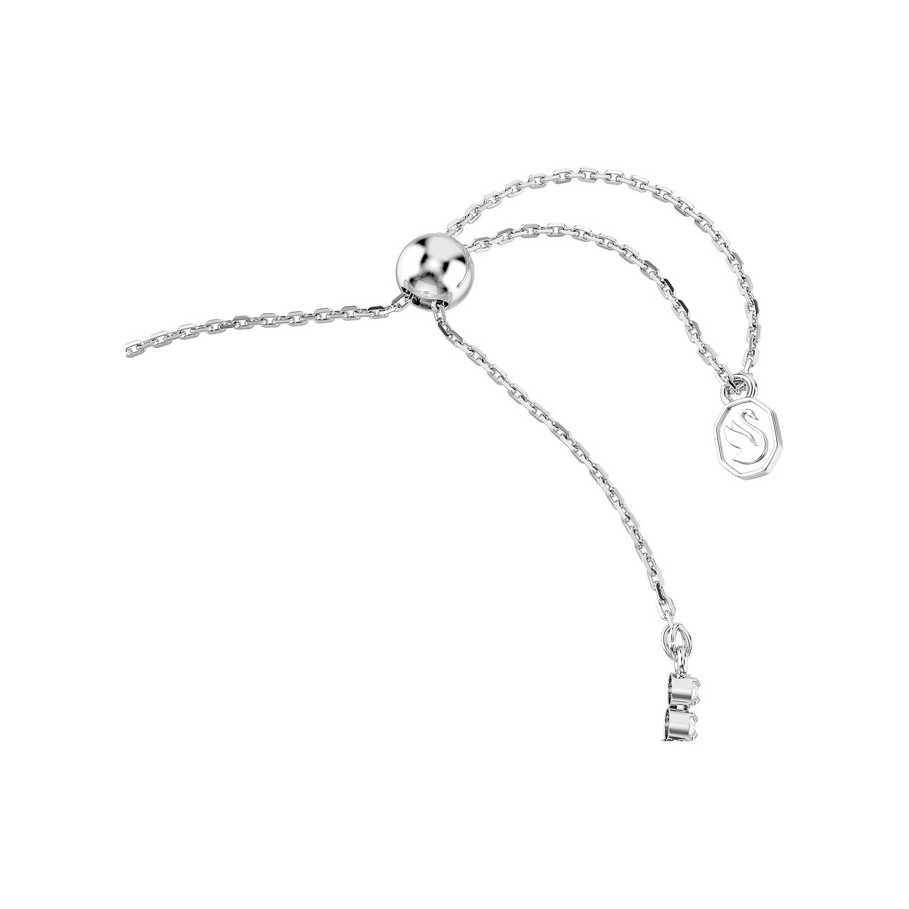 Nahaufnahme des Verschlusses eines Swarovski Armbandes aus Metall mit einem Schiebeverschluss und Logo-Anhänger.