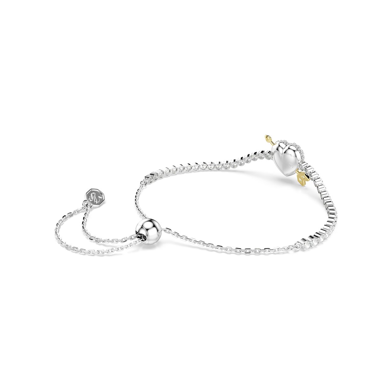 Swarovski Armband aus Metall mit glänzenden Swarovski-Kristallen. Das Herz-Motiv wird von einem goldenen Pfeil durchbohrt.