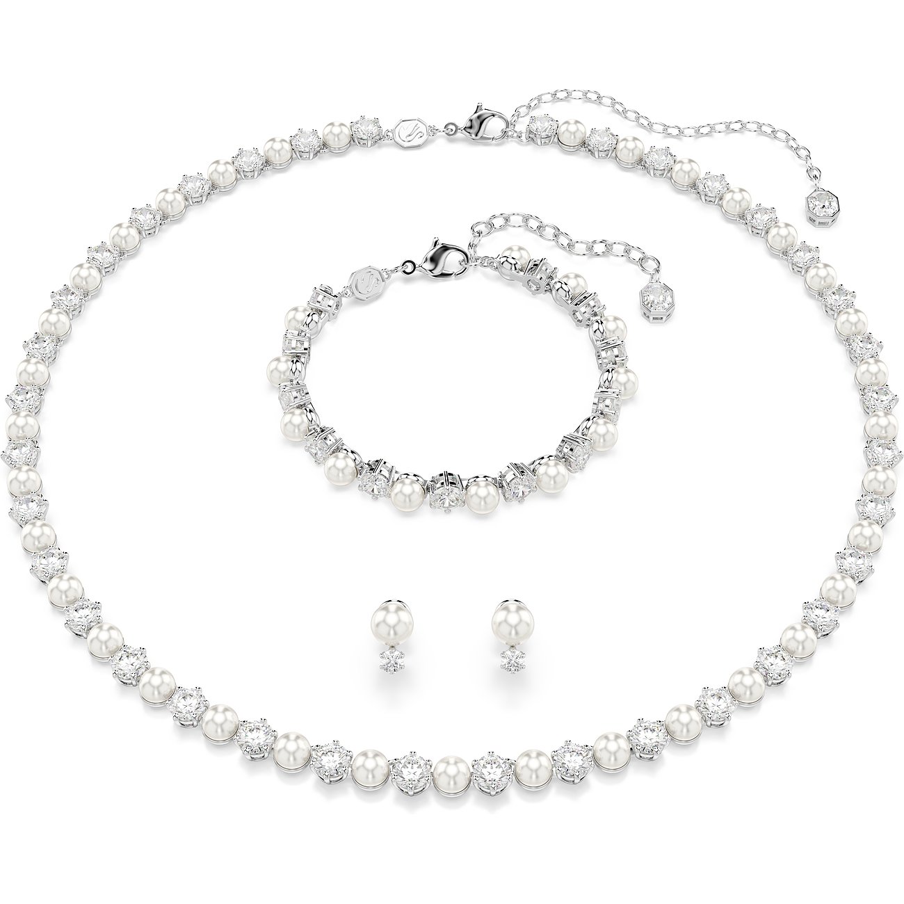 Swarovski Schmuckset aus Metall mit Halskette, Armband und Ohrringen, besetzt mit weißen Swarovski Kristallen.
