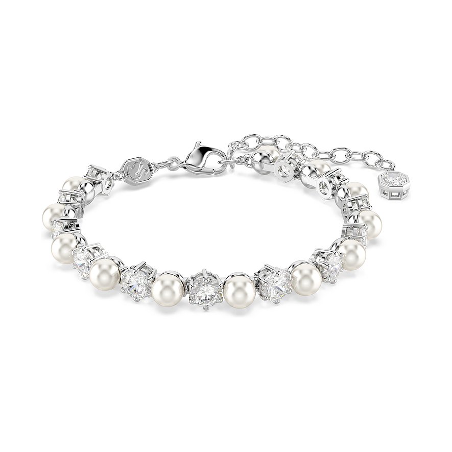 Swarovski Armband aus Metall mit runden, weißen Swarovski-Kristallen und Perlen, offen liegend.