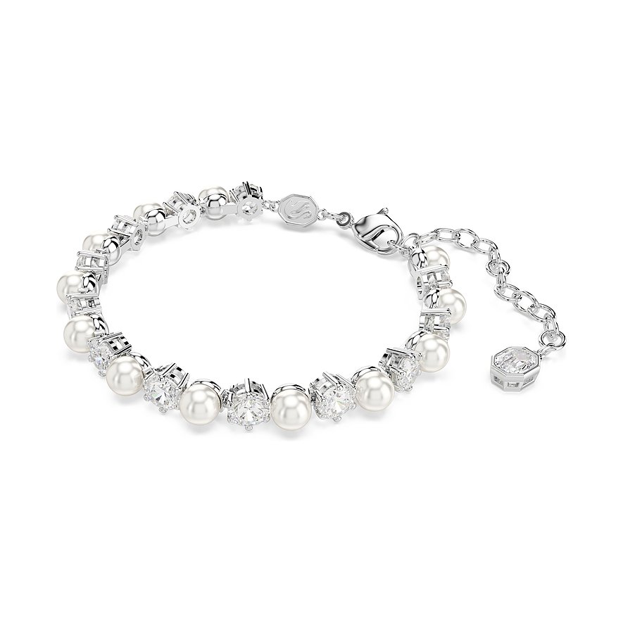 Swarovski Armband aus Metall mit runden, silbernen und perlenfarbenen Farbsteinen sowie einem Verlängerungskettchen.