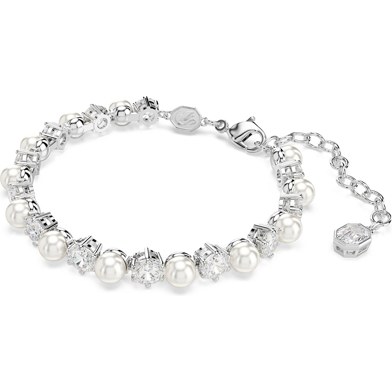 Swarovski Armband aus Metall mit runden, silbernen und perlenfarbenen Farbsteinen sowie einem Verlängerungskettchen.