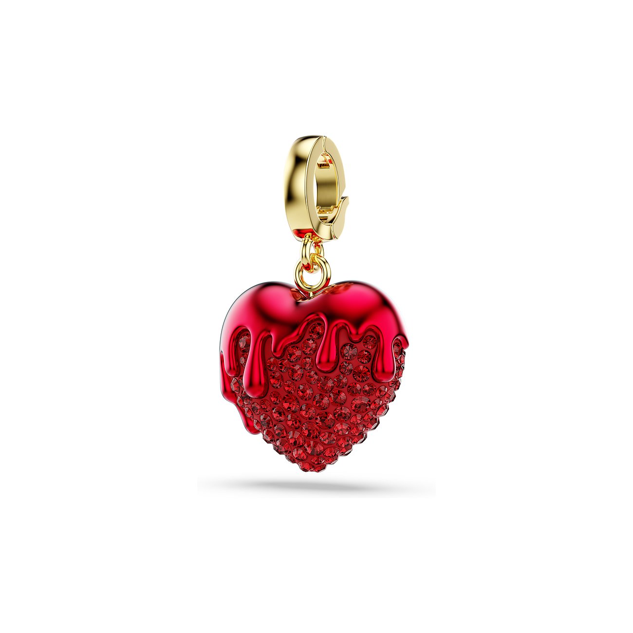 Swarovski hanger van goudkleurig metaal, een rood hart met druipende, glanzende coating en rode kristallen.