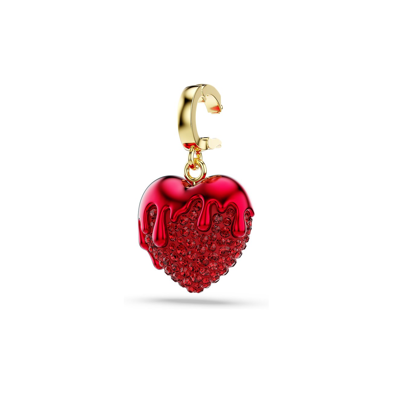Een hartvormige Swarovski hanger van metaal met een glanzend rood oppervlak en veel rode Swarovski kristallen.