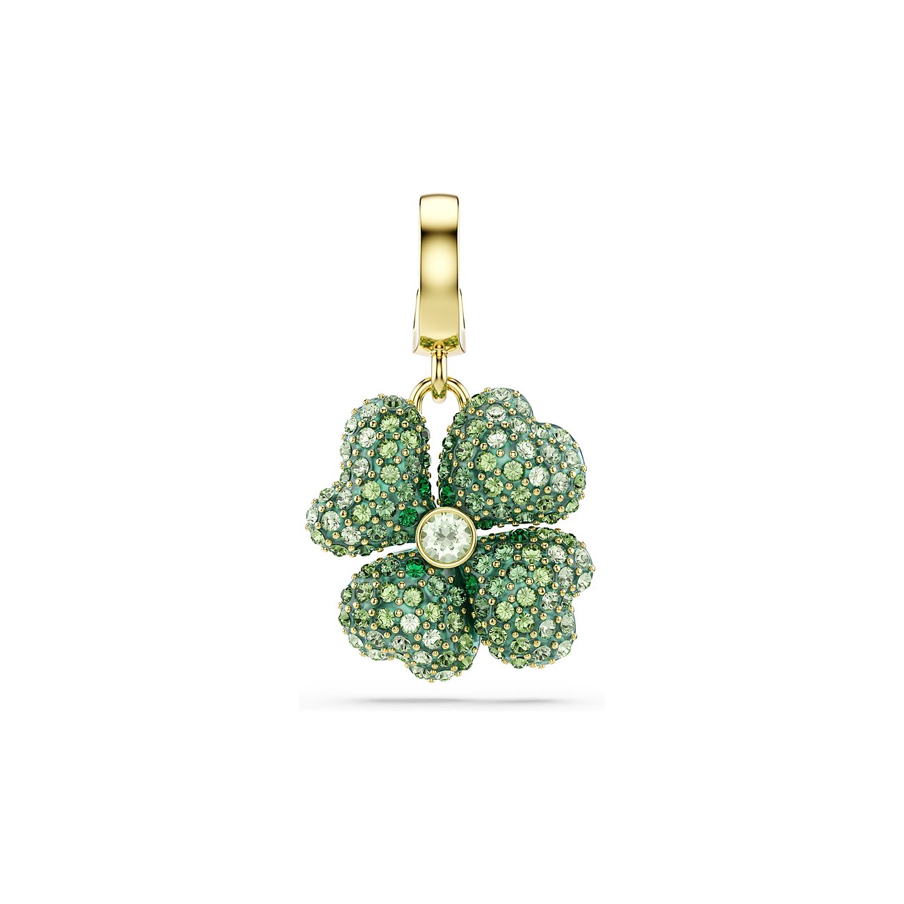 Swarovski klaverhanger van metaal met lichtgroene en donkergroene hartvormige Swarovski kristallen.