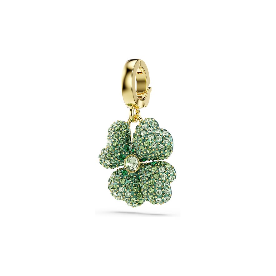 Swarovski klaverhanger van goudkleurig metaal met groene Swarovski-kristallen en een sluiting.