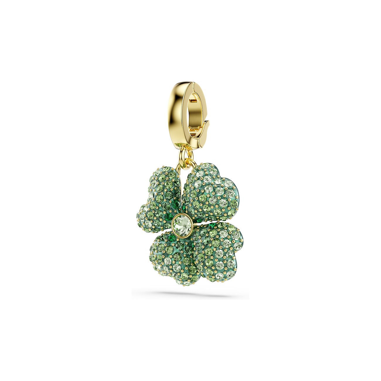Swarovski klaverhanger van goudkleurig metaal met groene Swarovski-kristallen en een sluiting.