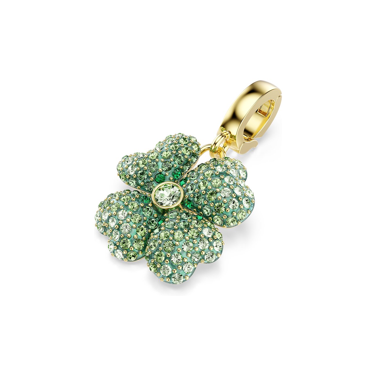 Swarovski klaverhanger, metaal met lichtgroene en groene Swarovski-kristallen en sluiting, bovenaanzicht.