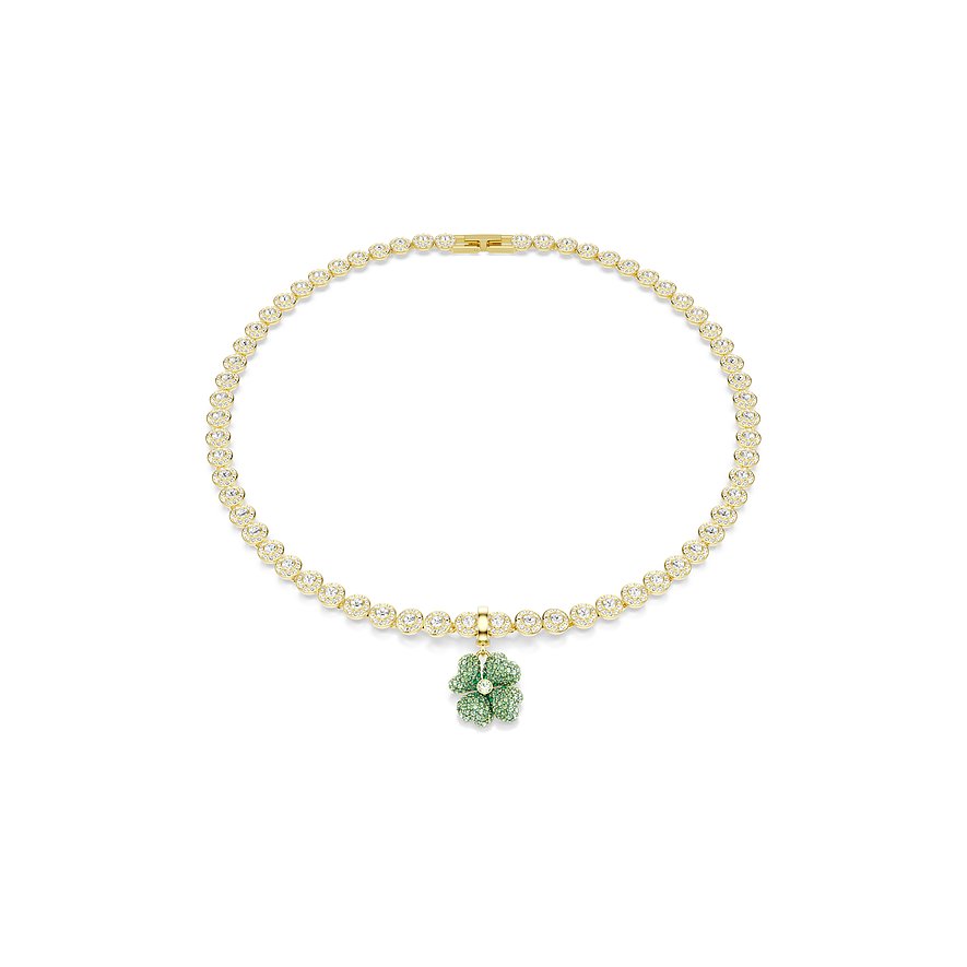 Swarovski hangerketting van goudkleurig metaal met fonkelende kristallen en groene klaverhanger.