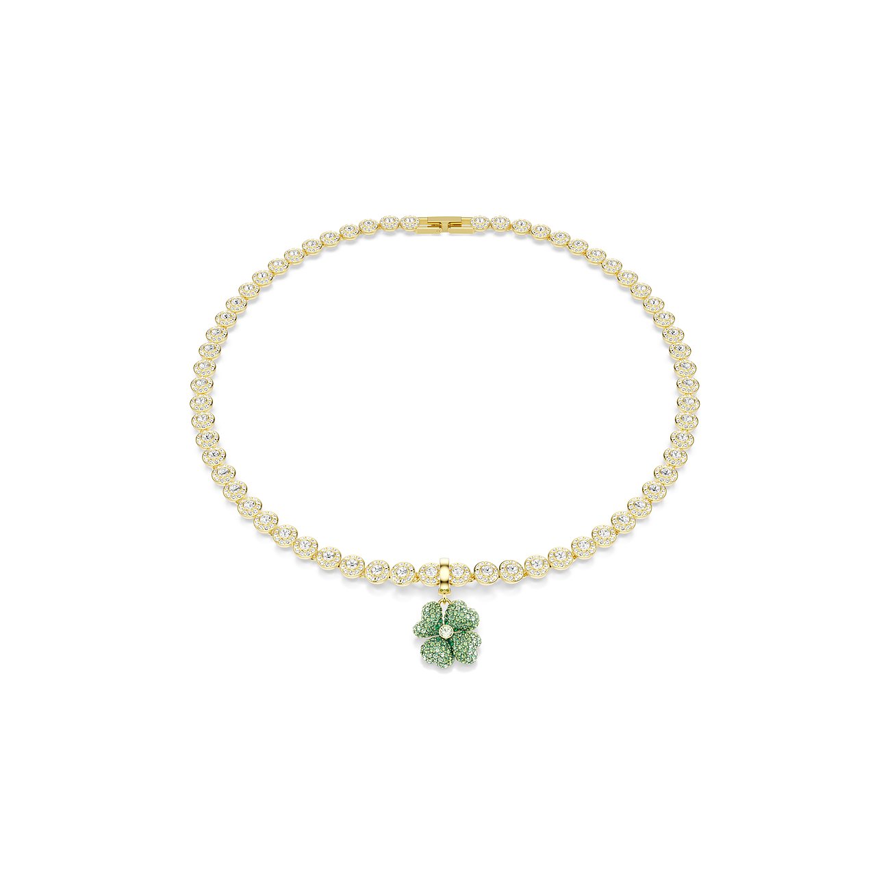 Swarovski hangerketting van goudkleurig metaal met fonkelende kristallen en groene klaverhanger.