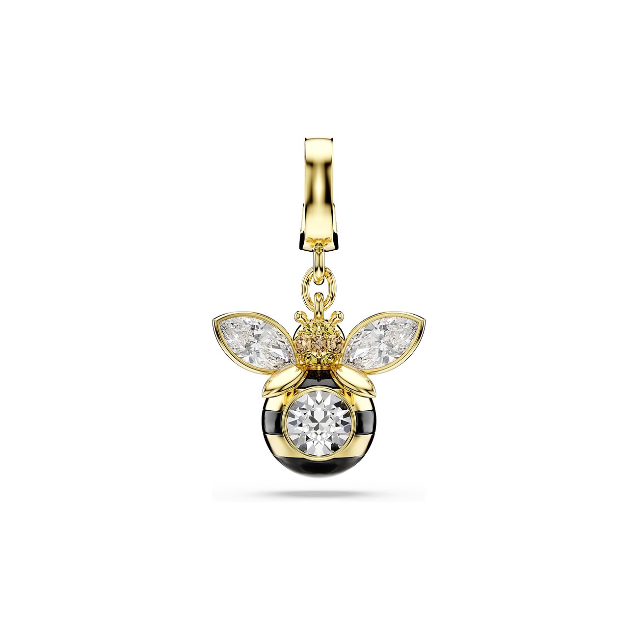 Ein glänzender Swarovski Metallanhänger in Form einer Biene, verziert mit klaren und farbigen Swarovski Kristallen.