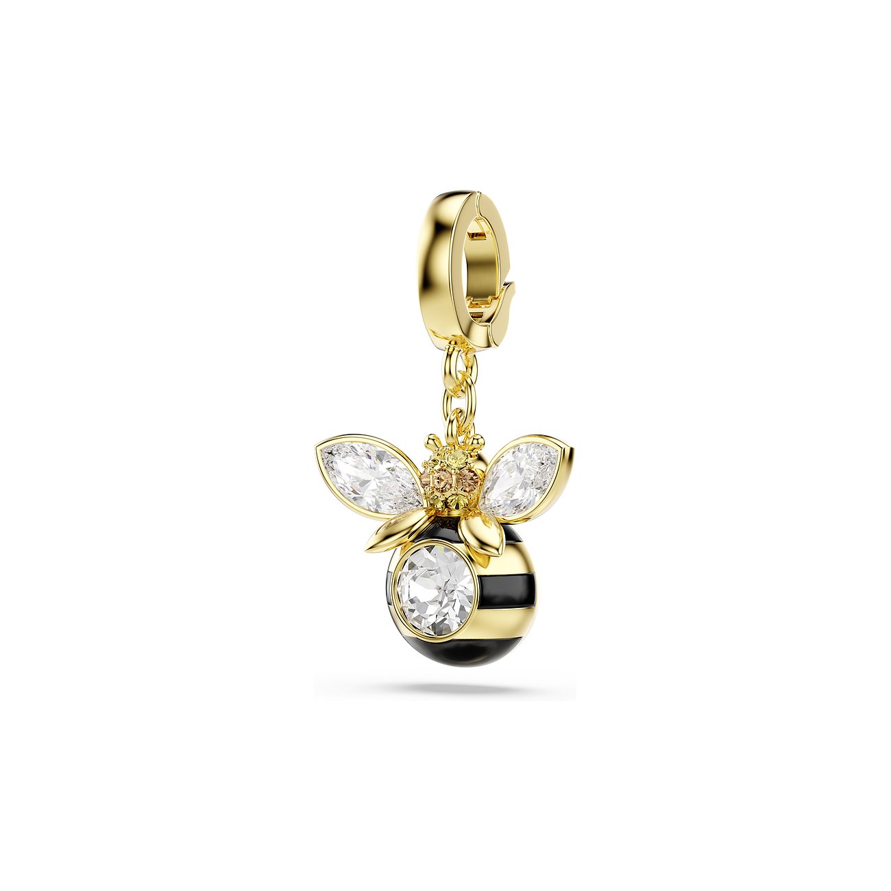 Swarovski Anhänger Biene aus goldfarbenem Metall mit klaren und braunen Swarovski-Kristallen.
