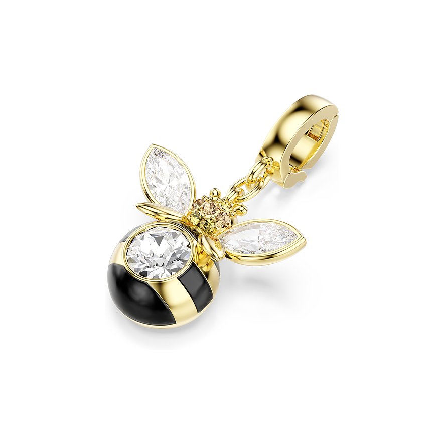 Swarovski Anhänger Biene aus goldfarbenem Metall mit leuchtenden Swarovski-Kristallen und schwarzem Emaille.