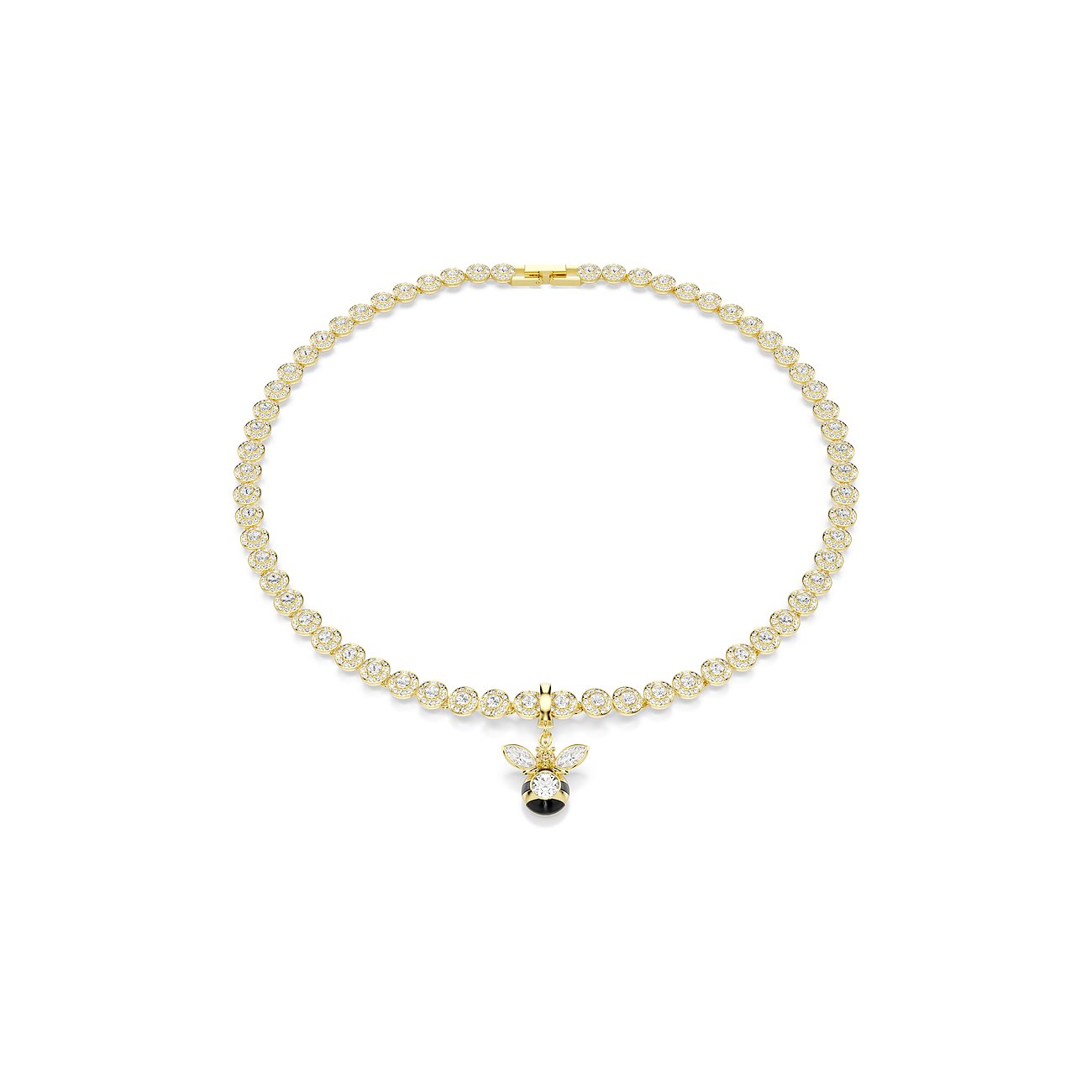 Swarovski Anhänger, goldfarbenes Metall, funkelnde Kristalle, Bienen-Anhänger mit schwarzem Detail.